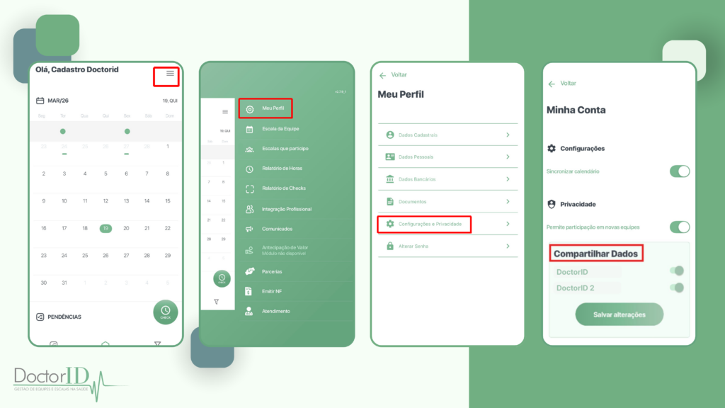 Compartilhamento de Dados pelo aplicativo DoctorID. compartilhar dados via app